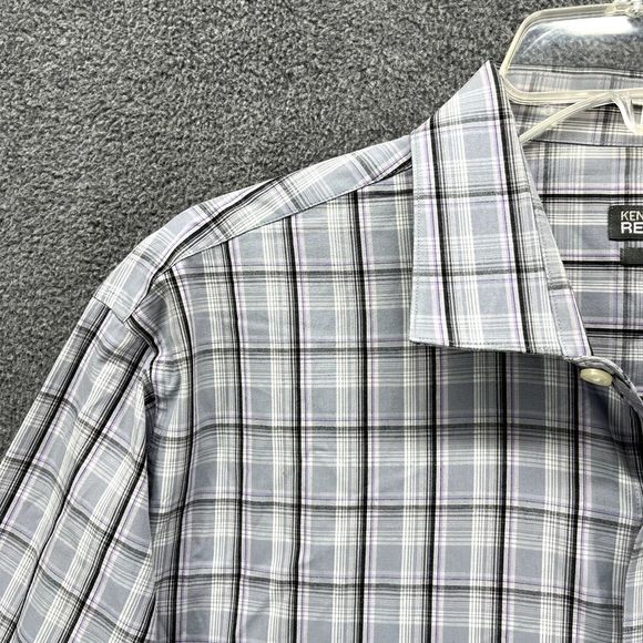 Kenneth Cole Reaction Shirt 17.5 34 35 Gray Plaid Button Up Slim Fit Long Sleeve - Picture 3 of 16